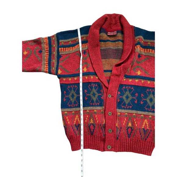 Skjaeveland Trend Cardigan Sweater Button Up Shawl-Collar Red Blue Aztec - Picture 6 of 7